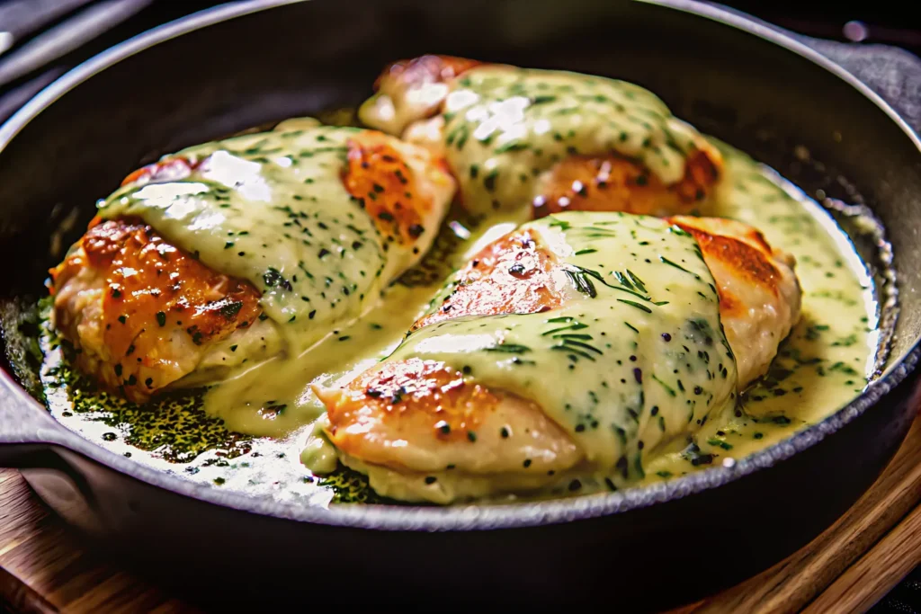 Mozzarella chicken in basil cream sauce in a skillet