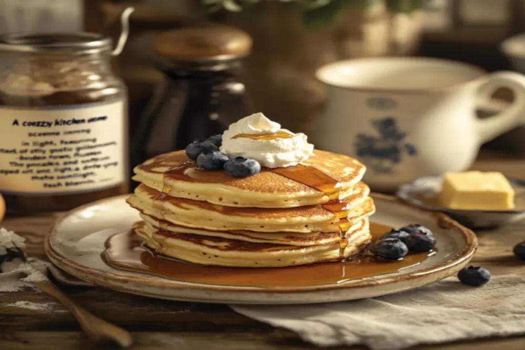 Fluffy pancake recipe with golden-brown pancakes topped with syrup and berries