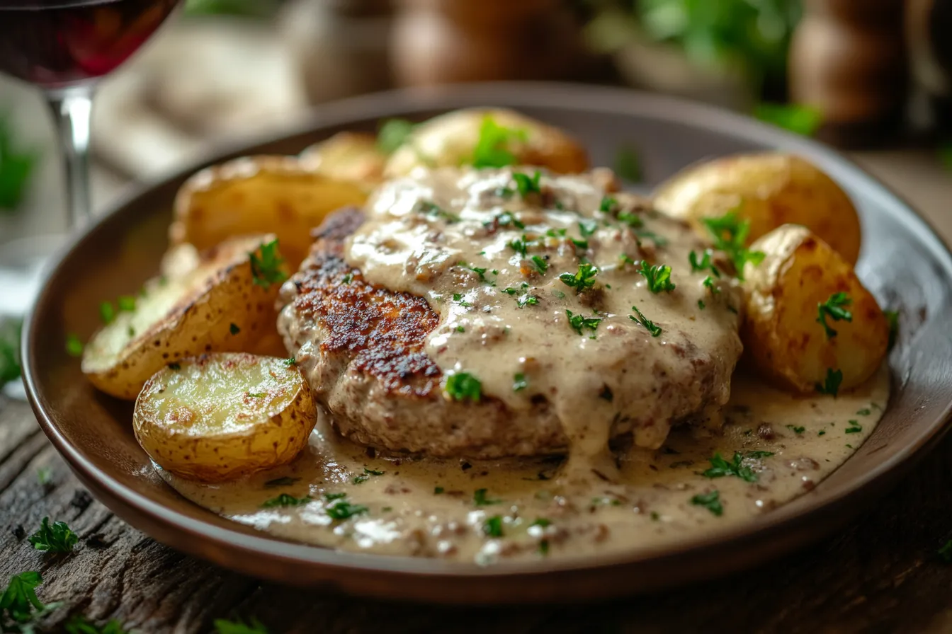 Hamburger Medallions with Garlic Herb Sauce and Baby Potatoes