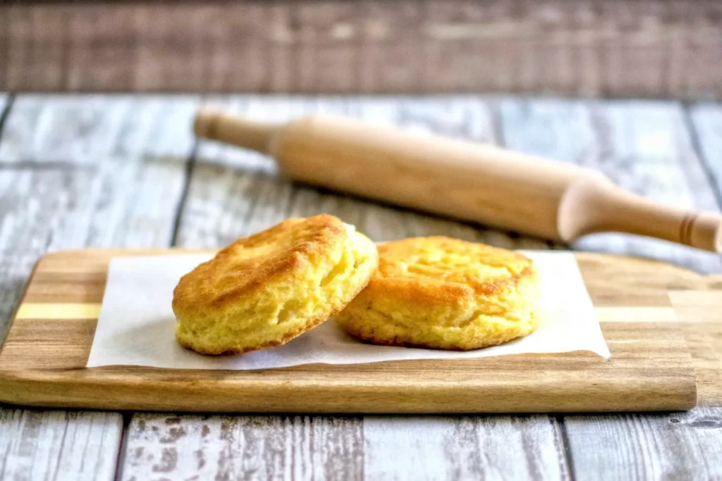 Freshly baked golden biscuits made with pancake mix, stacked on a plate with butter melting on top.
