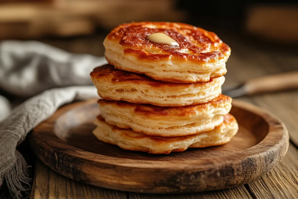 Freshly baked golden biscuits made with pancake mix, stacked on a plate with butter melting on top.