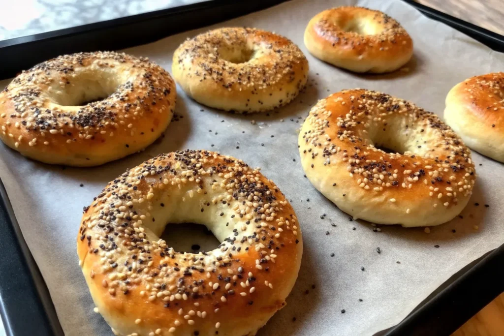 Freshly baked golden Greek yogurt bagels on a tray, topped with sesame seeds.