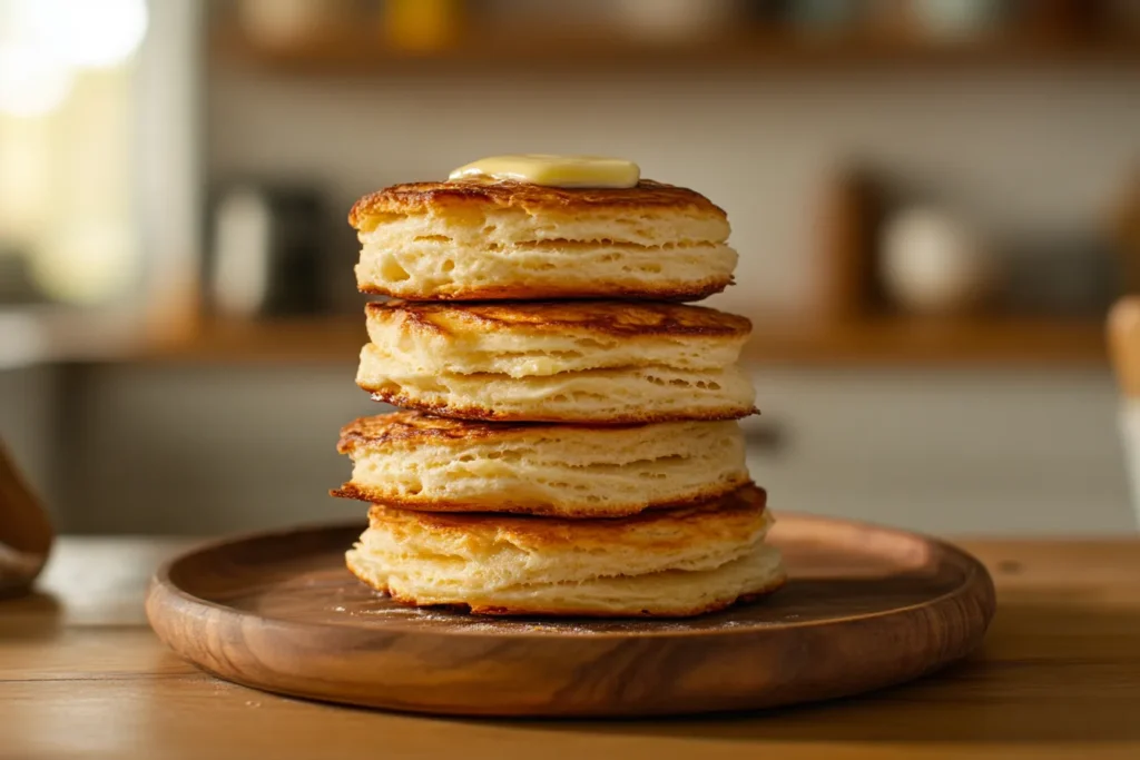 Freshly baked golden biscuits made with pancake mix, stacked on a plate with butter melting on top.