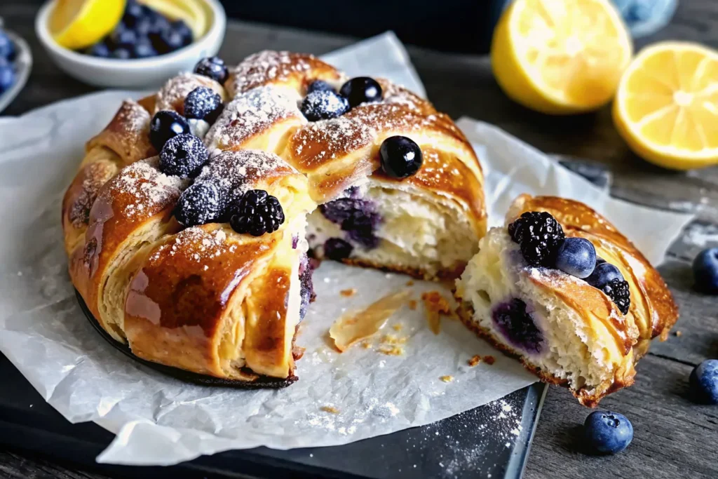 Freshly baked sweet sourdough bread with blueberries and cream cheese filling, topped with a honey-lemon glaze.
