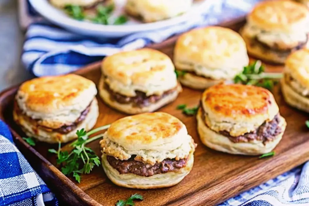 Golden-brown baked French dip biscuits filled with roast beef and melted cheese, served with a side of au jus for dipping.