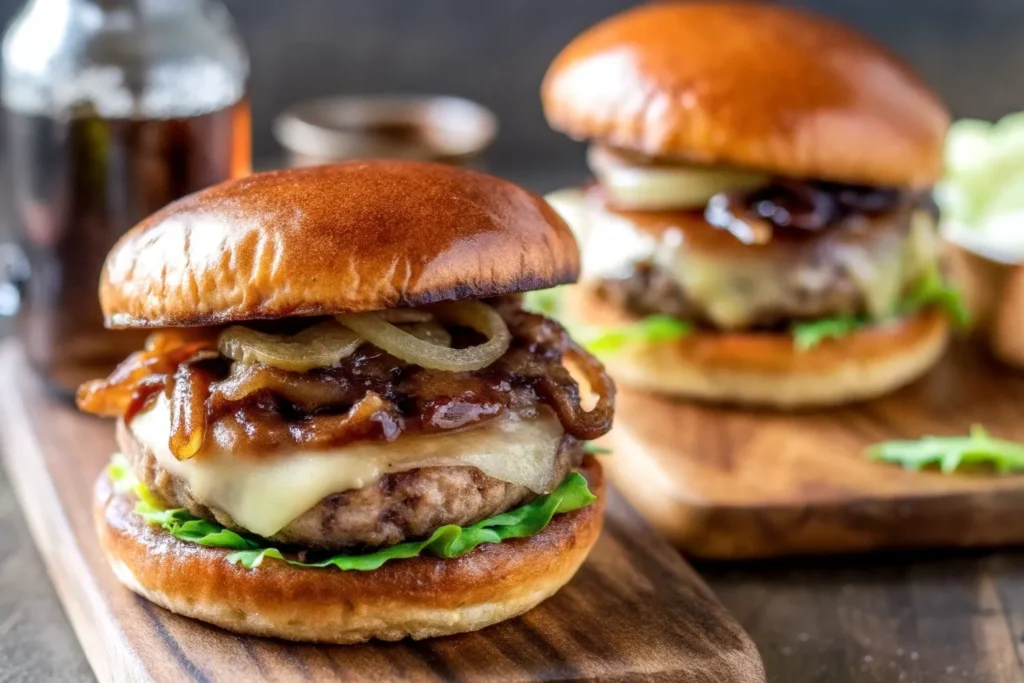 Juicy Irish Pub Burger topped with cheddar cheese, crispy bacon, caramelized onions, and creamy mustard sauce on a toasted brioche bun.