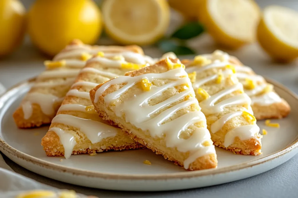Wedges of buttery lemon shortbread cookies on a white plate