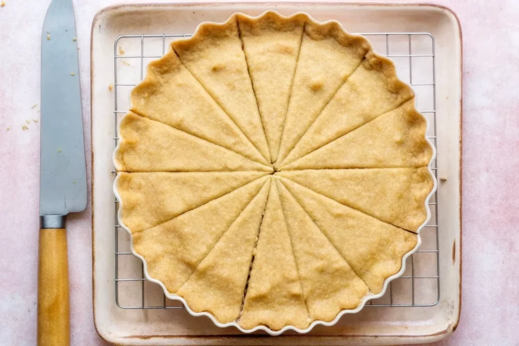 Wedges of buttery lemon shortbread cookies on a white plate