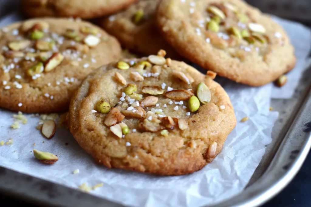 Salted honey pistachio cookies with sea salt flakes on top