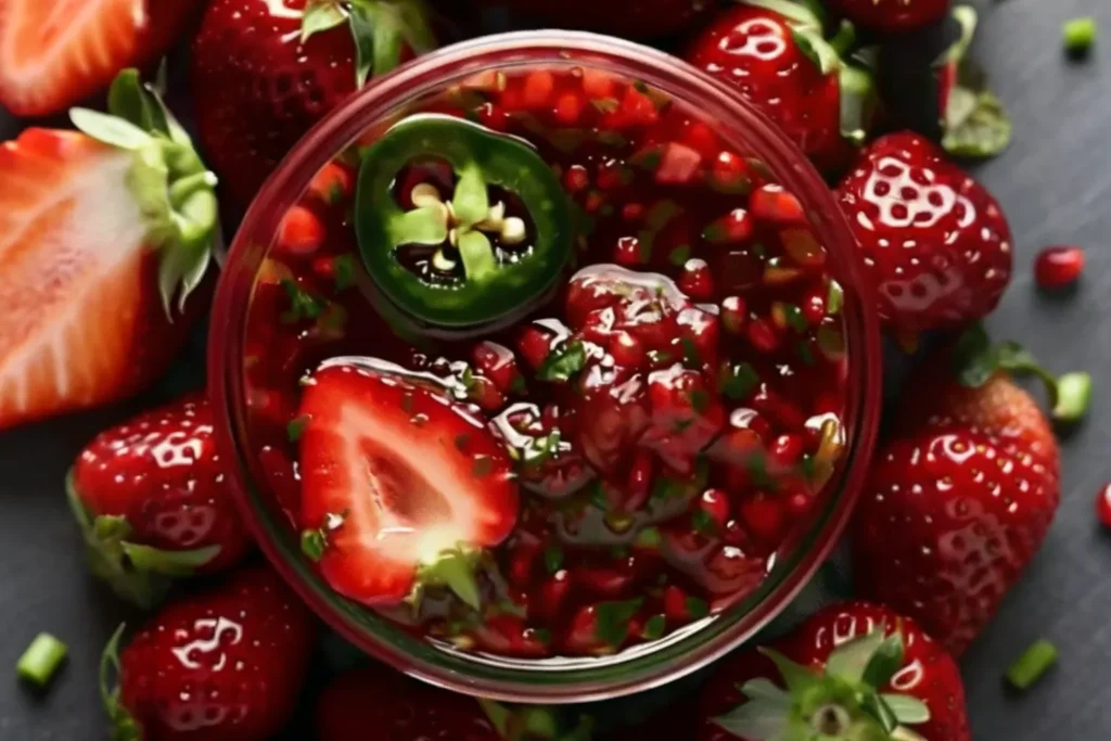 Jalapeño strawberry jam in a jar with fresh strawberries and peppers