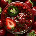 Jalapeño strawberry jam in a jar with fresh strawberries and peppers