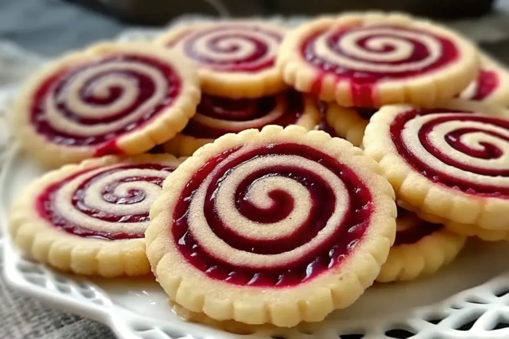 Raspberry swirl shortbread cookies with buttery marbled centers