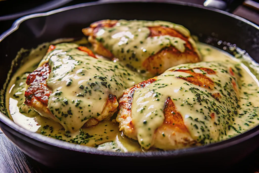 Mozzarella chicken in basil cream sauce in a skillet