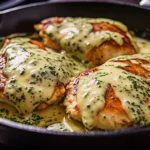 Mozzarella chicken in basil cream sauce in a skillet