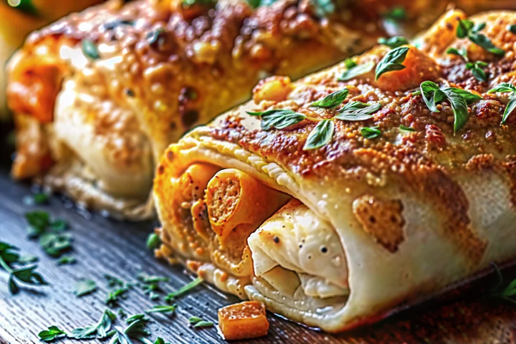 Homemade Costco-style chicken bake sliced open on a tray