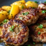 Authentic German Frikadellen served with mustard and potatoes