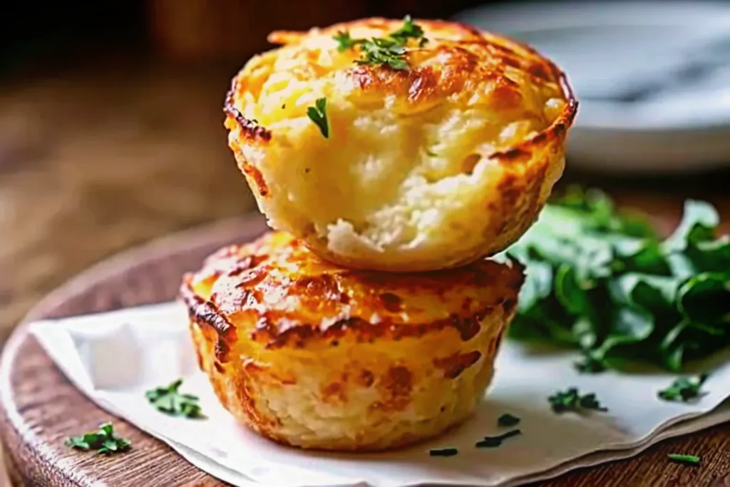 Golden mashed potato cheese puffs on a serving tray