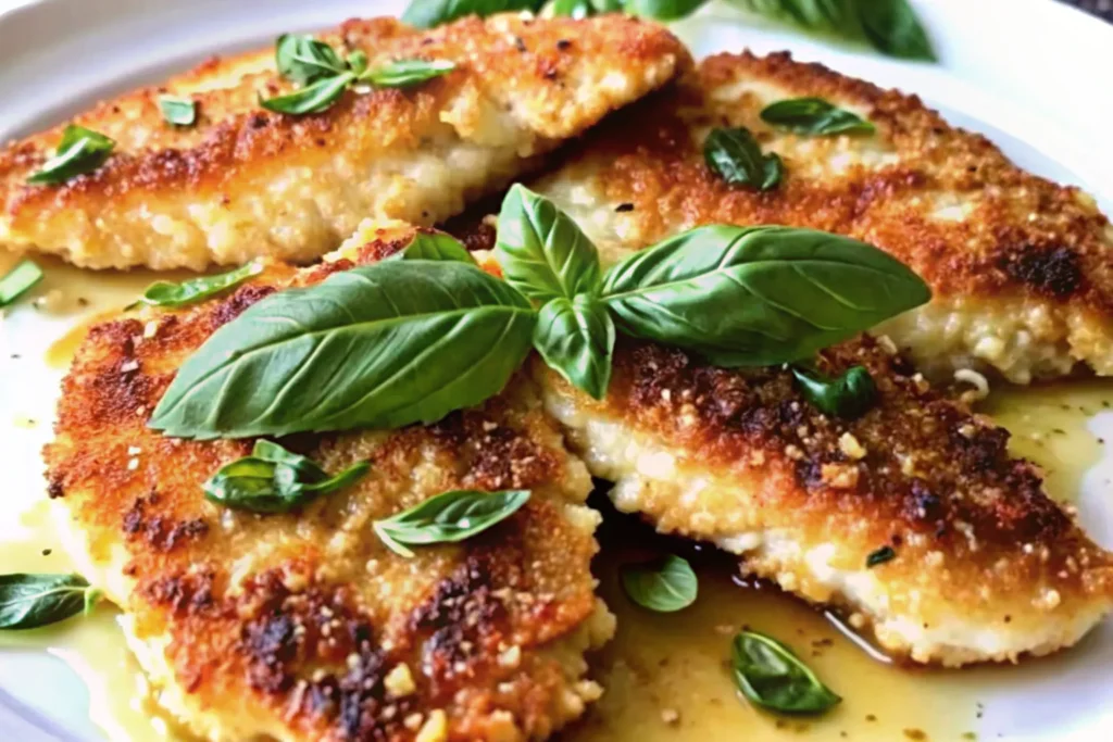 Golden Italian basil chicken cutlets served with lemon wedges and fresh herbs