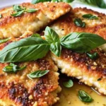 Golden Italian basil chicken cutlets served with lemon wedges and fresh herbs