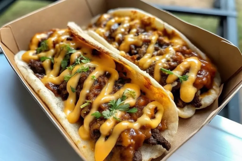 Garlic butter honey BBQ beef tacos topped with fresh herbs and served with lime wedges