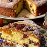 Sliced Mary Berry Manor House Cake with golden crust and dried fruit on a white plate