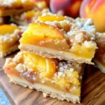 Freshly baked peach bars with crumb topping, golden crust, and juicy peach filling in a square slice